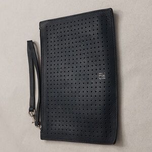 Carolina Herrera Perforated Leather Zip Pouch Wristlet Blue Made in Spain Used